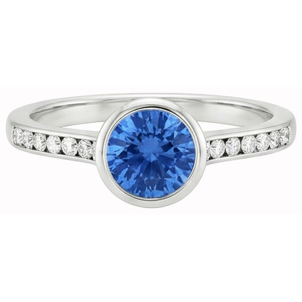 3.50 Ct Bezel Set Round Ceylon Sapphire & Natural Earth Mined Diamonds Ring White Gold 14K