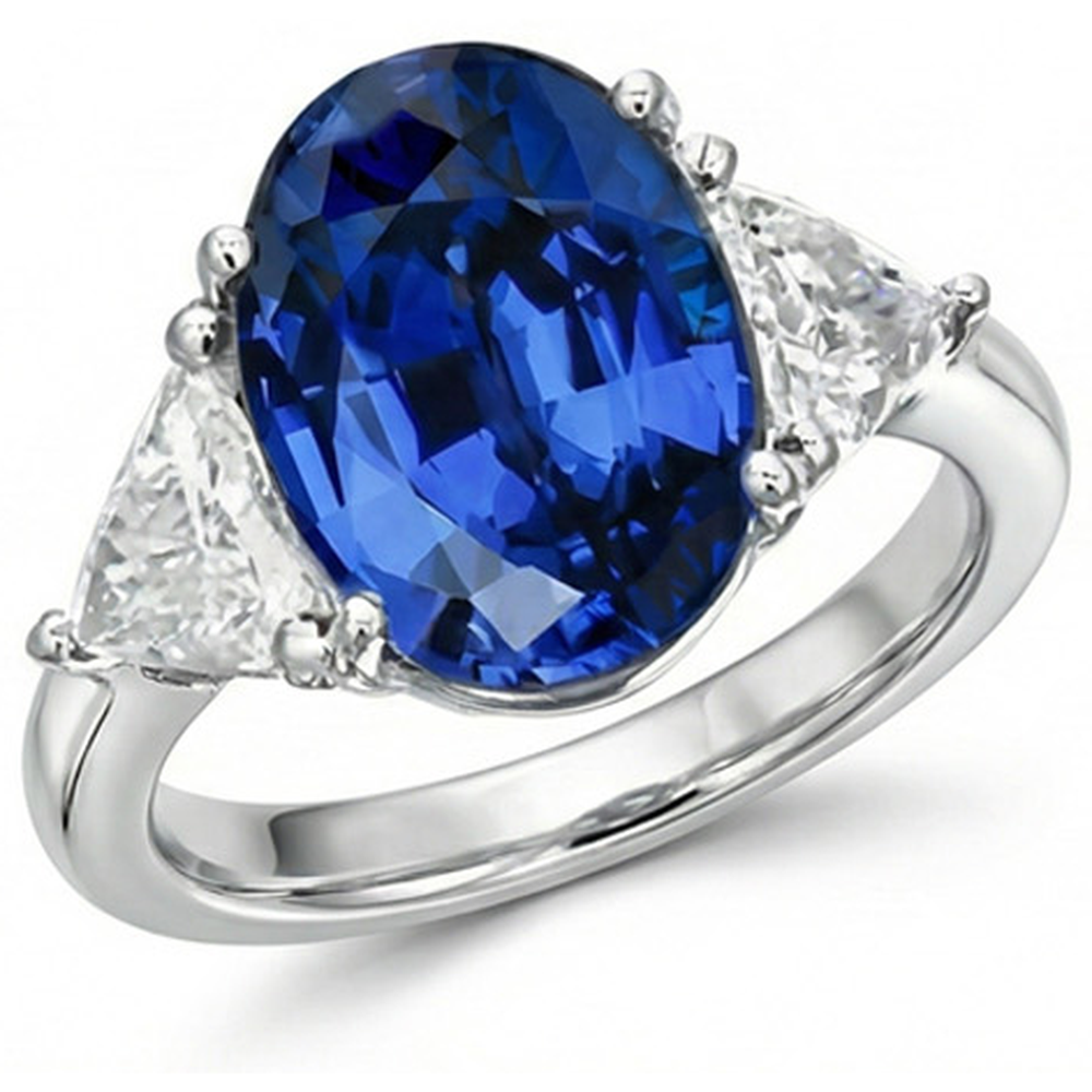 3.50 Ct Oval And Trillion Ceylon Sapphire Natural Earth Mined Diamonds Ring White Gold