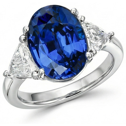 3.50 Ct Oval And Trillion Ceylon Sapphire Natural Earth Mined Diamonds Ring White Gold