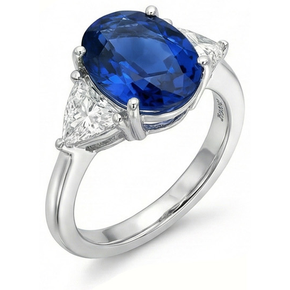 3.50 Ct Oval And Trillion Ceylon Sapphire Natural Earth Mined Diamonds Ring White Gold