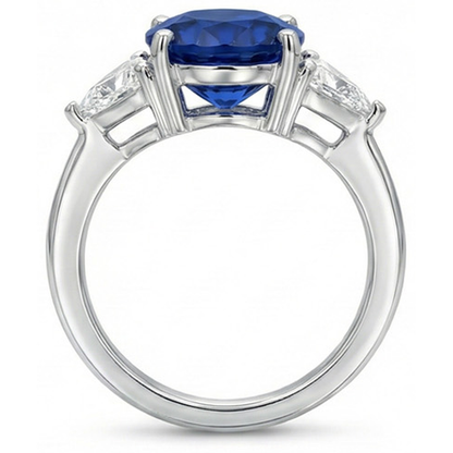 3.50 Ct Oval And Trillion Ceylon Sapphire Natural Earth Mined Diamonds Ring White Gold