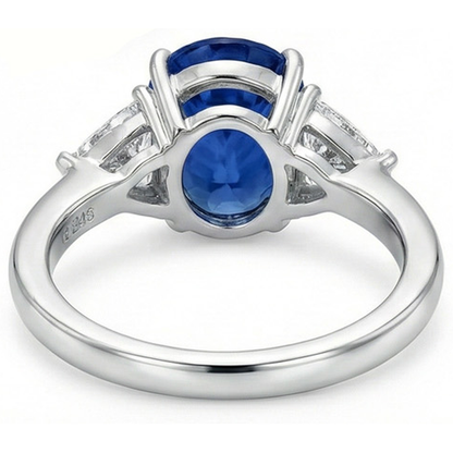3.50 Ct Oval And Trillion Ceylon Sapphire Natural Earth Mined Diamonds Ring White Gold