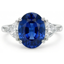 3.50 Ct Oval And Trillion Ceylon Sapphire Natural Earth Mined Diamonds Ring White Gold