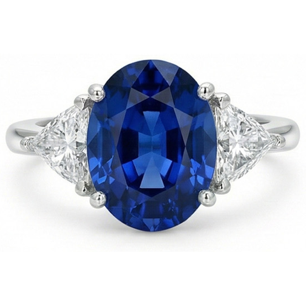 3.50 Ct Oval And Trillion Ceylon Sapphire Natural Earth Mined Diamonds Ring White Gold