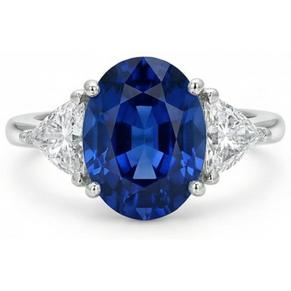 3.50 Ct Oval And Trillion Ceylon Sapphire Natural Earth Mined Diamonds Ring White Gold