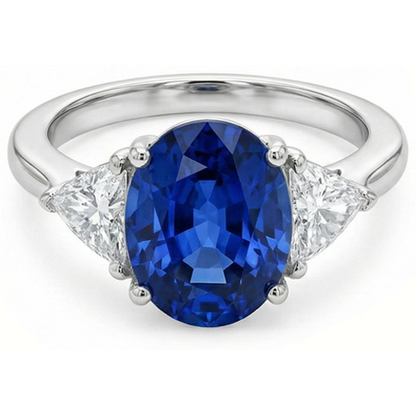 3.50 Ct Oval And Trillion Ceylon Sapphire Natural Earth Mined Diamonds Ring White Gold