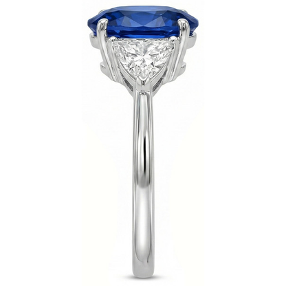 3.50 Ct Oval And Trillion Ceylon Sapphire Natural Earth Mined Diamonds Ring White Gold