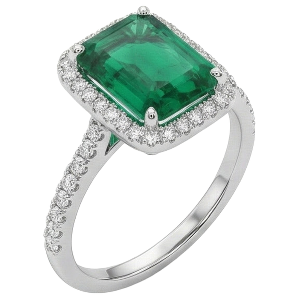 3.55 Ct Emerald GIA Cut Green Emerald GIA With Round Natural Earth Mined Diamond Wedding Ring