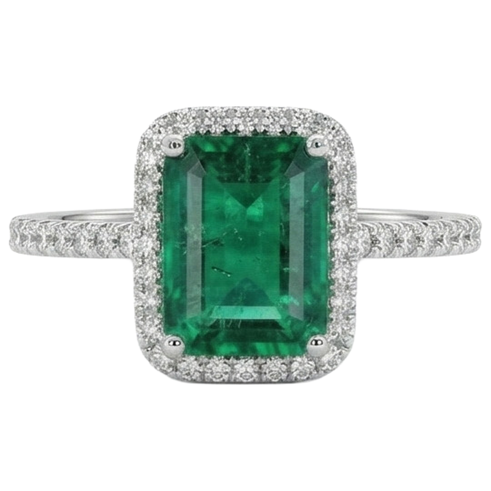 3.55 Ct Emerald GIA Cut Green Emerald GIA With Round Natural Earth Mined Diamond Wedding Ring