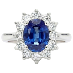 3.60 Carats Blue Sapphire And Natural Earth Mined Diamond Ring Flower Style White Gold 14K