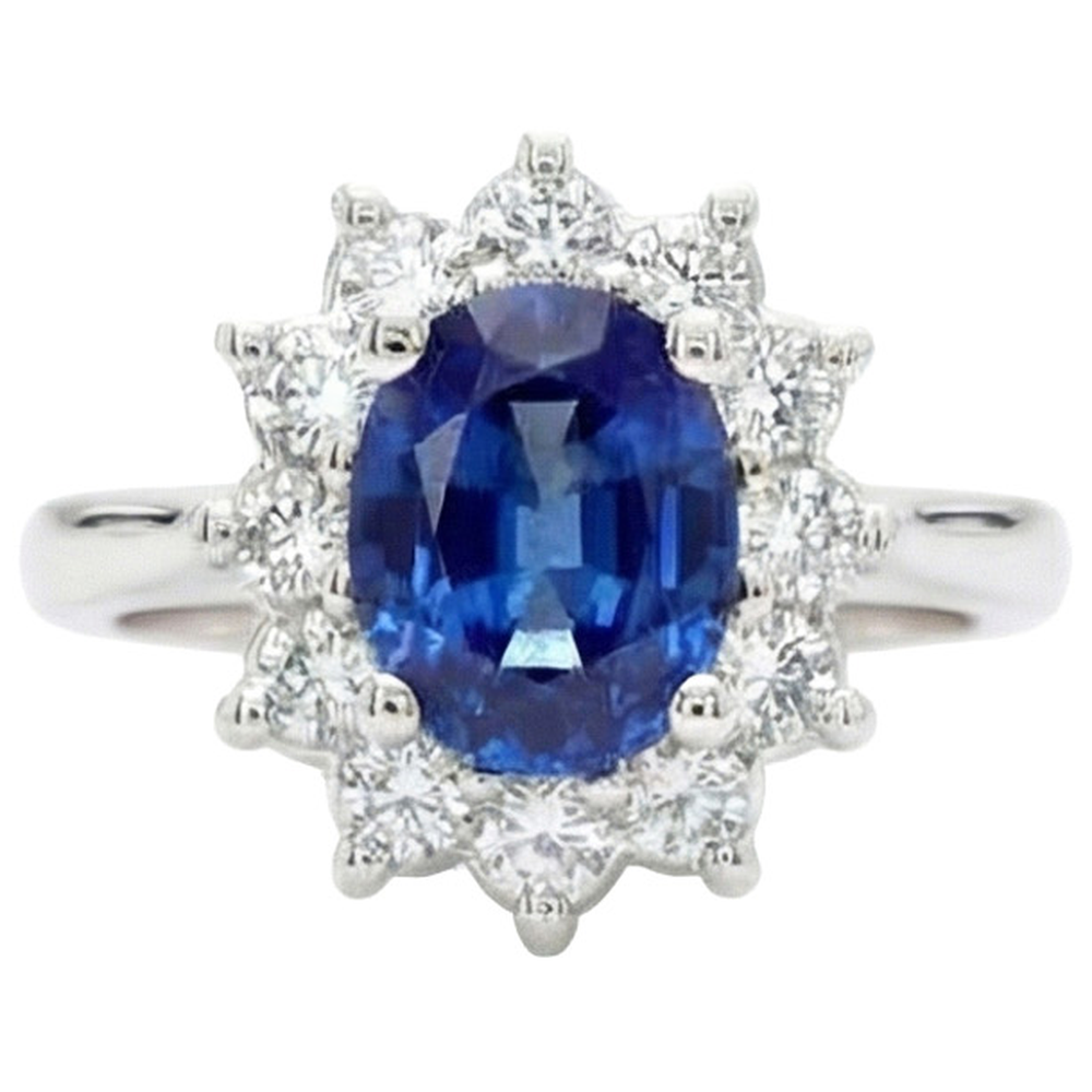 3.60 Carats Blue Sapphire And Natural Earth Mined Diamond Ring Flower Style White Gold 14K