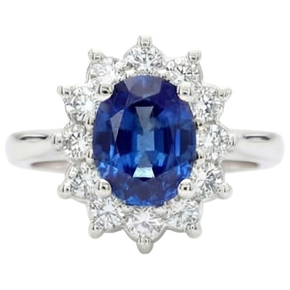 3.60 Carats Blue Sapphire And Natural Earth Mined Diamond Ring Flower Style White Gold 14K
