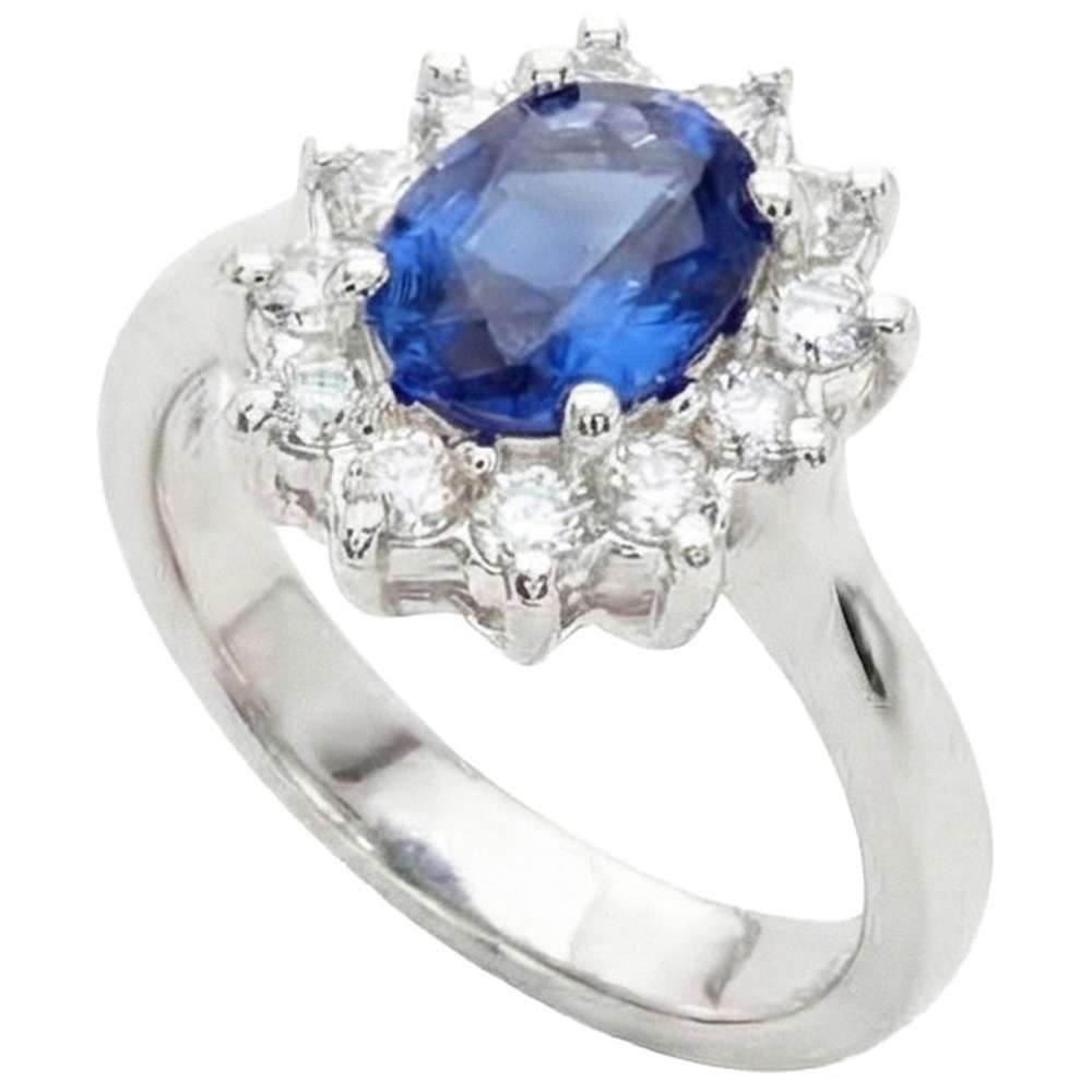 3.60 Carats Blue Sapphire And Natural Earth Mined Diamond Ring Flower Style White Gold 14K