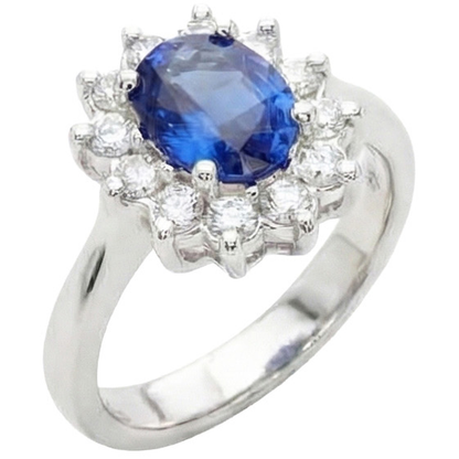 3.60 Carats Blue Sapphire And Natural Earth Mined Diamond Ring Flower Style White Gold 14K