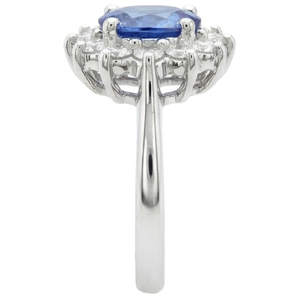 3.60 Carats Blue Sapphire And Natural Earth Mined Diamond Ring Flower Style White Gold 14K