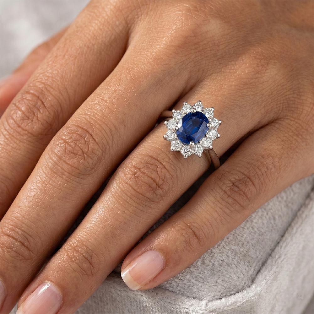 3.60 Carats Blue Sapphire And Natural Earth Mined Diamond Ring Flower Style White Gold 14K