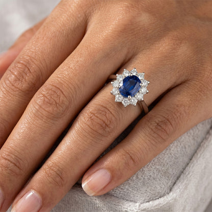 3.60 Carats Blue Sapphire And Natural Earth Mined Diamond Ring Flower Style White Gold 14K