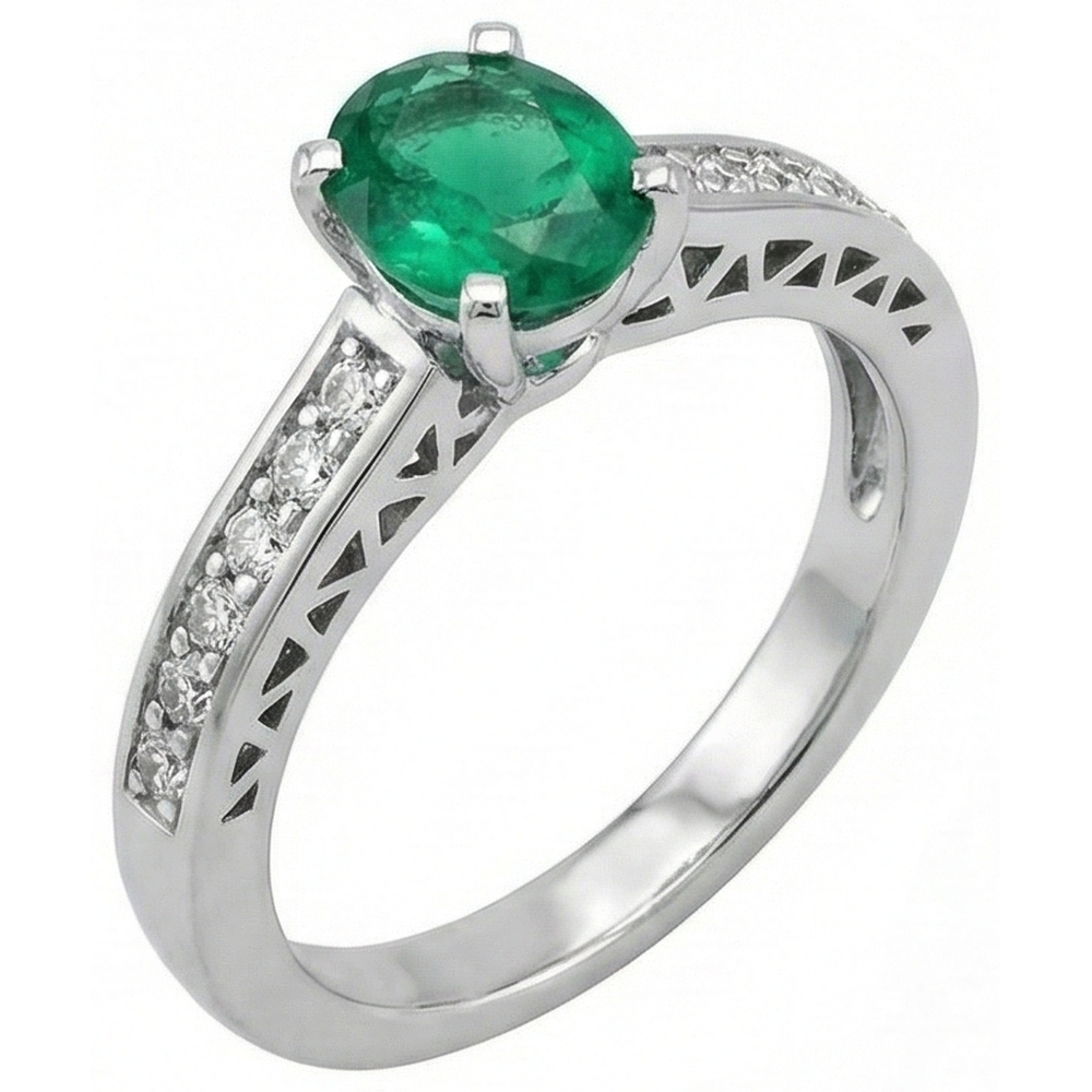 3.60 Ct Oval Green Emerald GIA And Natural Earth Mined Diamonds Ring 14K White Gold