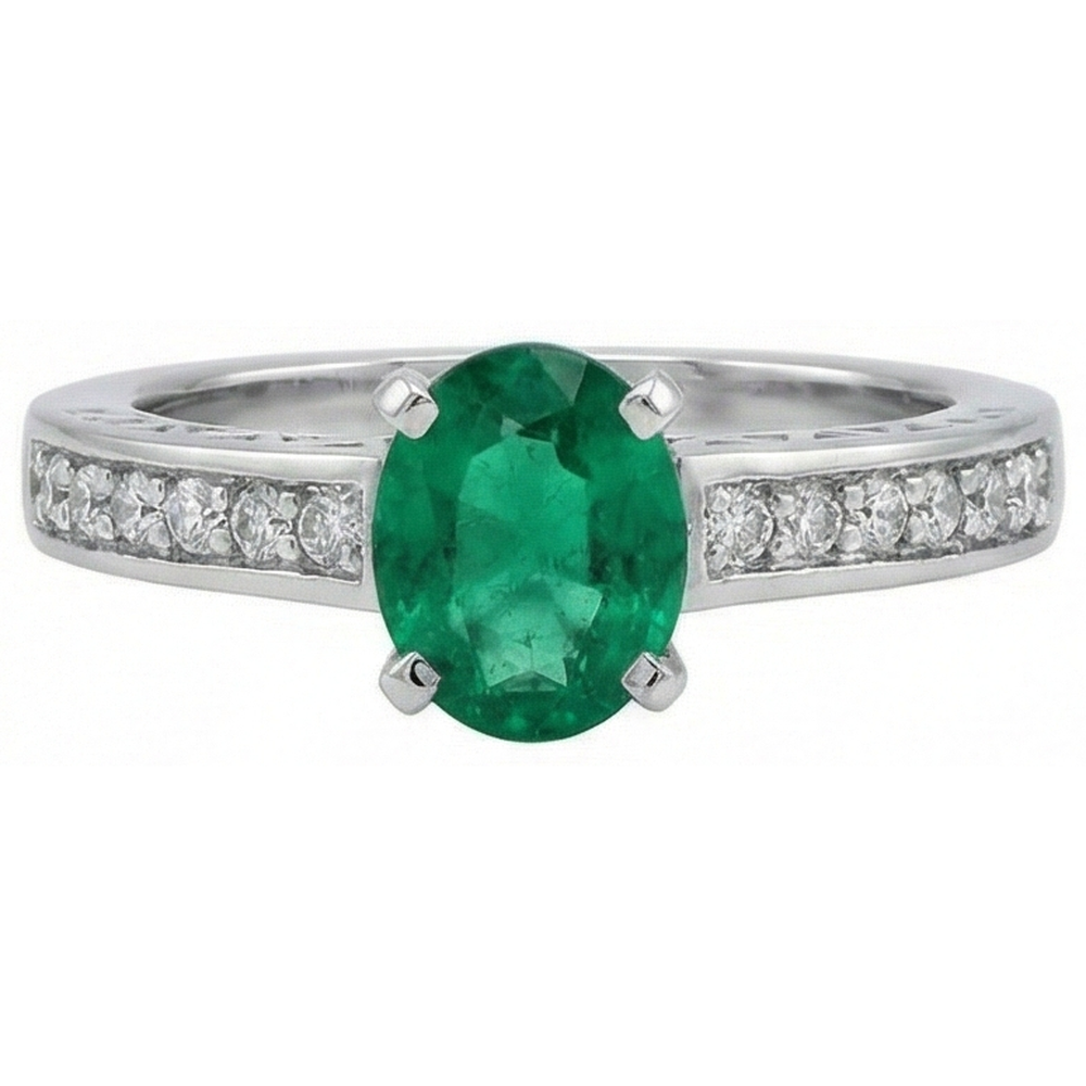 3.60 Ct Oval Green Emerald GIA And Natural Earth Mined Diamonds Ring 14K White Gold
