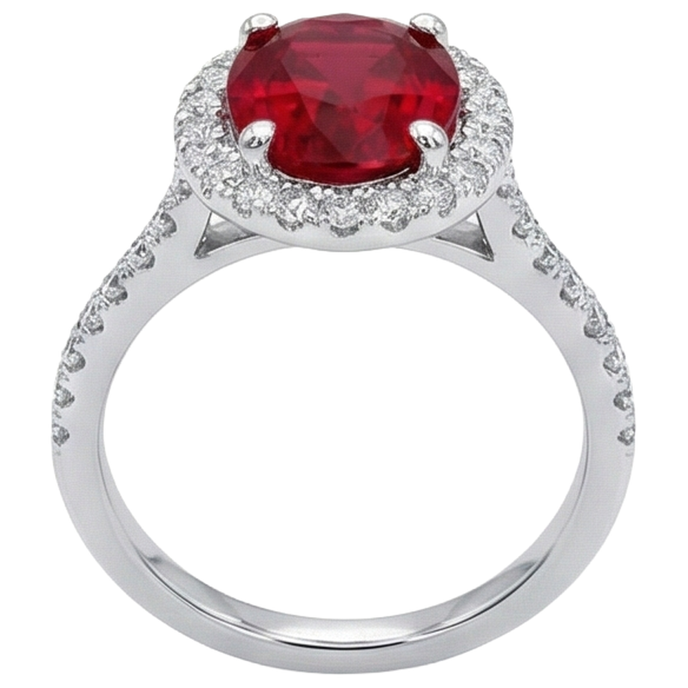 3.65 Ct Halo Red Ruby And Natural Earth Mined Diamonds Wedding Ring White Gold 14K