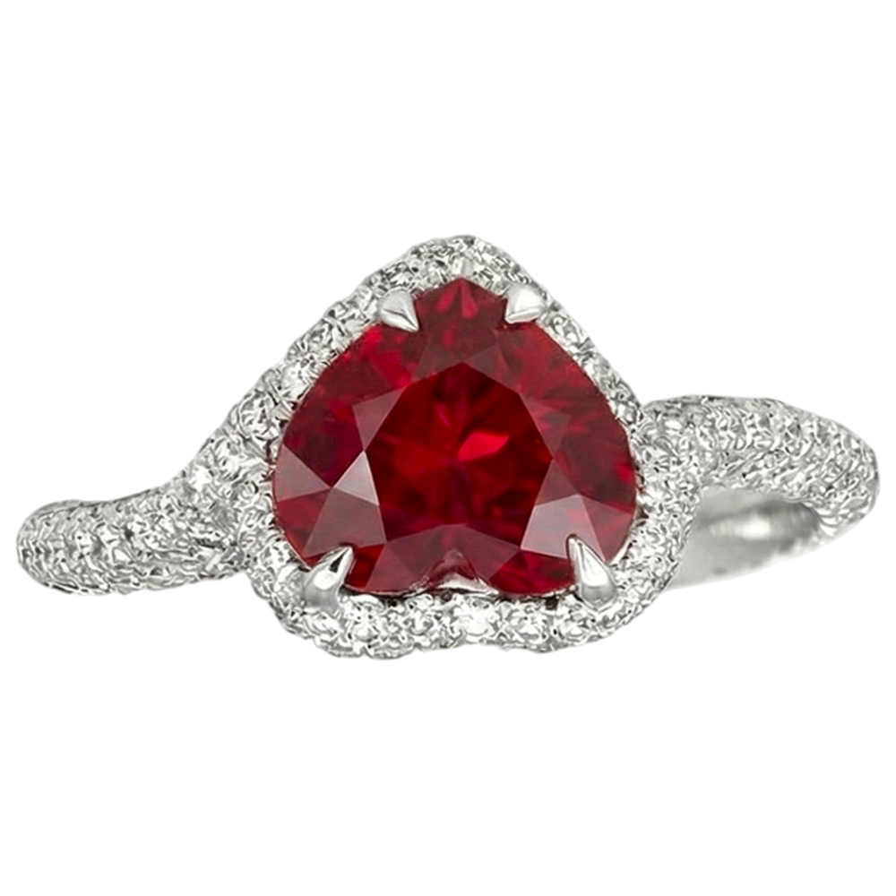 3.70 Carats Red Ruby With Natural Earth Mined Diamonds Ring White Gold 14K