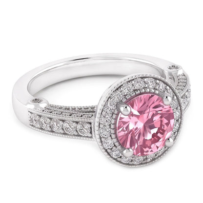 3.71 Carats Halo Pink Sapphire Solitaire With Accents Engagement Ring