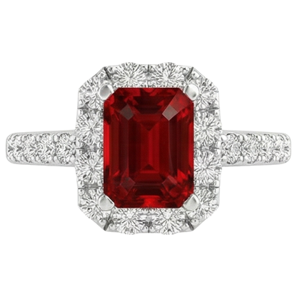 3.75 Carats Emerald Cut Ruby And Round Natural Earth Mined Diamonds Ring 14K White Gold