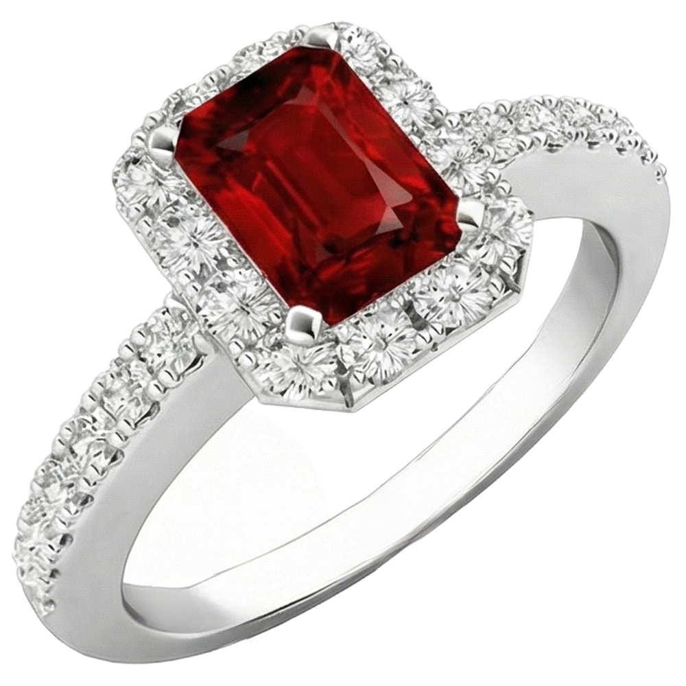 3.75 Carats Emerald Cut Ruby And Round Natural Earth Mined Diamonds Ring 14K White Gold