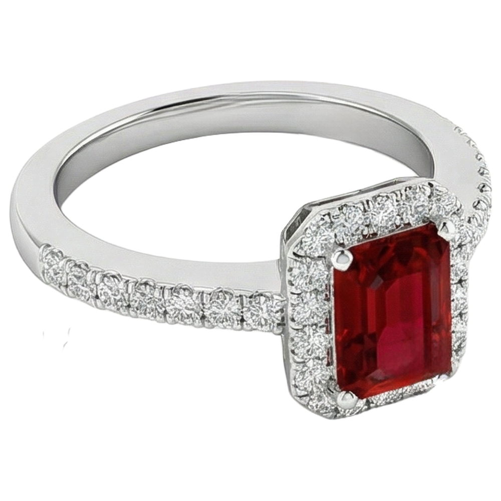 3.75 Carats Emerald Cut Ruby And Round Natural Earth Mined Diamonds Ring 14K White Gold