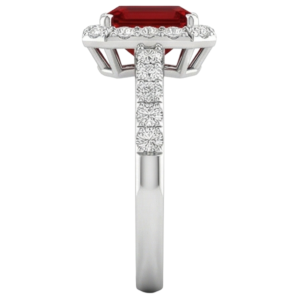 3.75 Carats Emerald Cut Ruby And Round Natural Earth Mined Diamonds Ring 14K White Gold