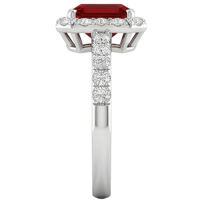 3.75 Carats Emerald Cut Ruby And Round Natural Earth Mined Diamonds Ring 14K White Gold