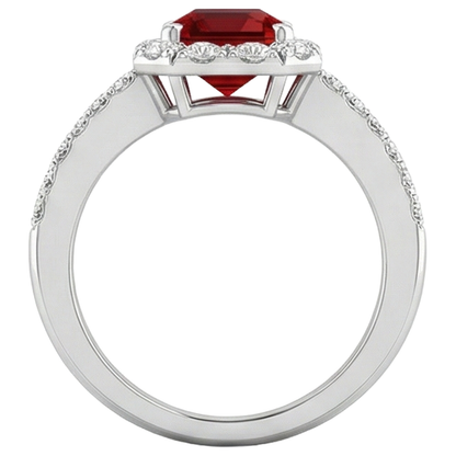 3.75 Carats Emerald Cut Ruby And Round Natural Earth Mined Diamonds Ring 14K White Gold