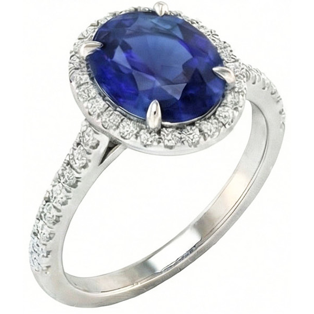 3.75 Carats Oval Ceylon Sapphire With Round Natural Earth Mined Diamonds Engagement Ring