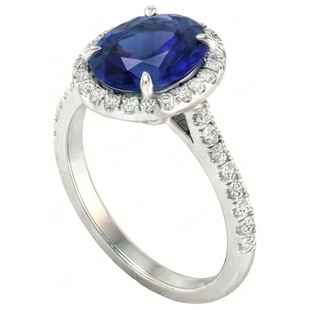 3.75 Carats Oval Ceylon Sapphire With Round Natural Earth Mined Diamonds Engagement Ring