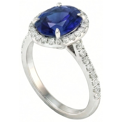3.75 Carats Oval Ceylon Sapphire With Round Natural Earth Mined Diamonds Engagement Ring