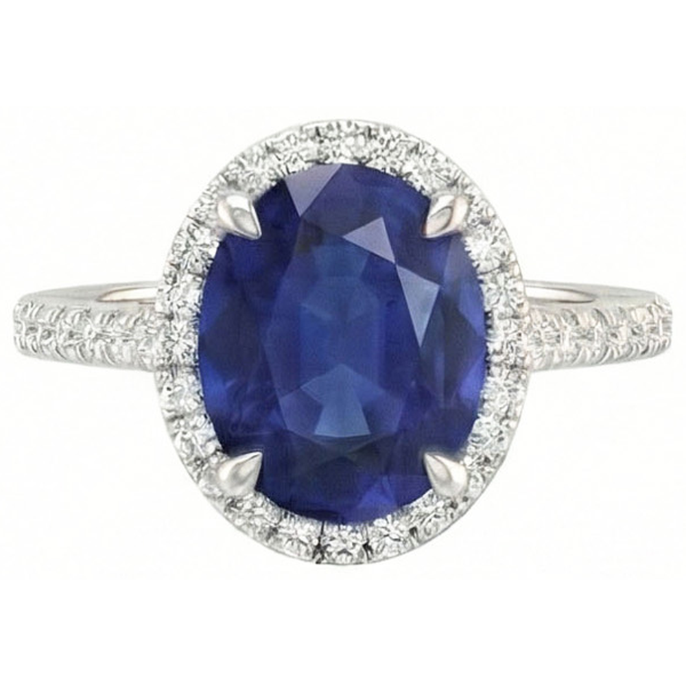 3.75 Carats Oval Ceylon Sapphire With Round Natural Earth Mined Diamonds Engagement Ring