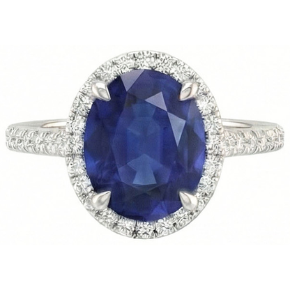 3.75 Carats Oval Ceylon Sapphire With Round Natural Earth Mined Diamonds Engagement Ring