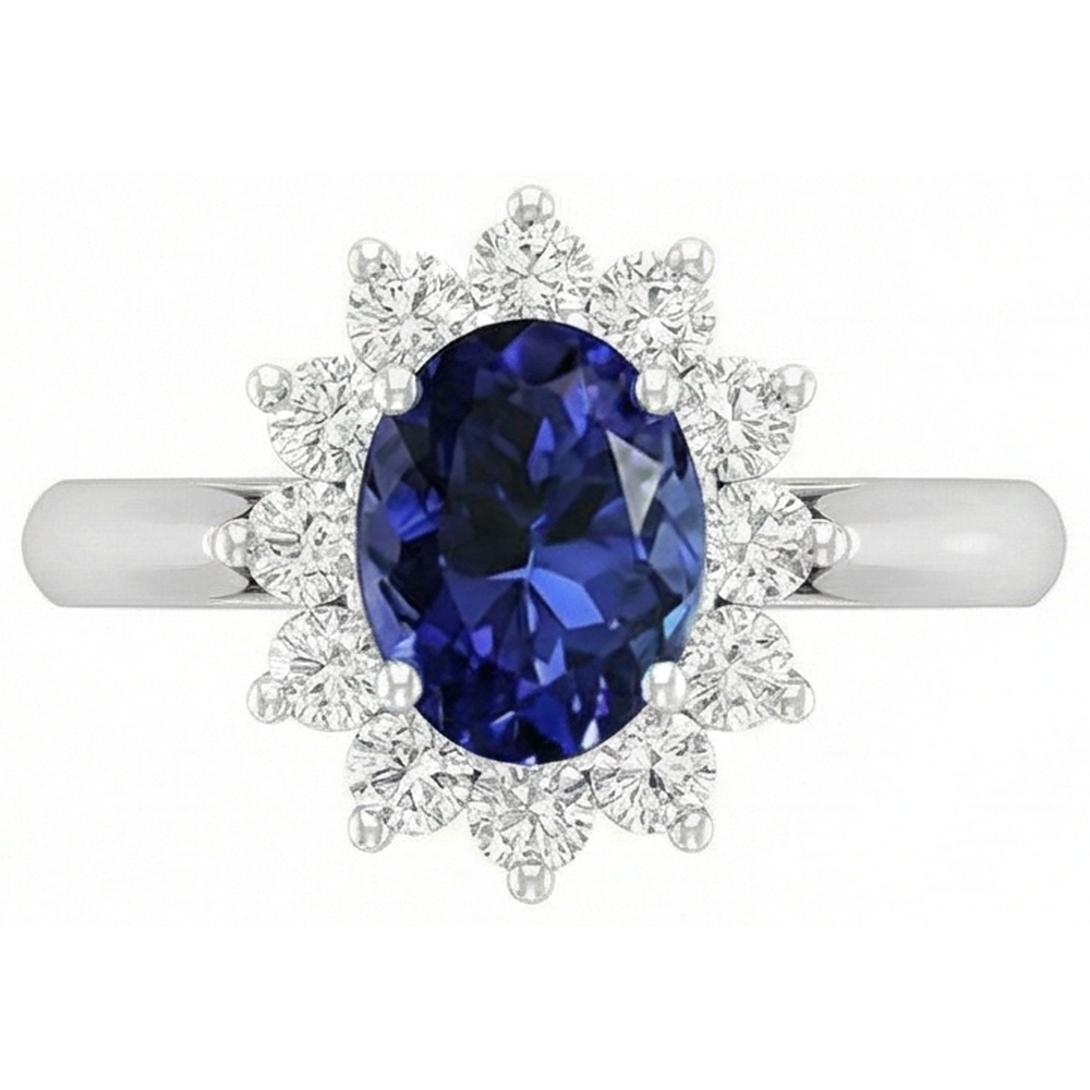 3.75 Carats Oval Tanzanite With Round Natural Earth Mined Diamonds Ring White Gold 14K