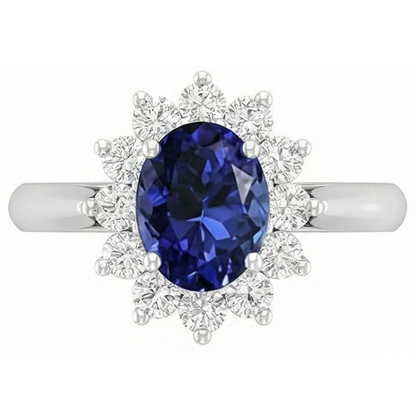 3.75 Carats Oval Tanzanite With Round Natural Earth Mined Diamonds Ring White Gold 14K