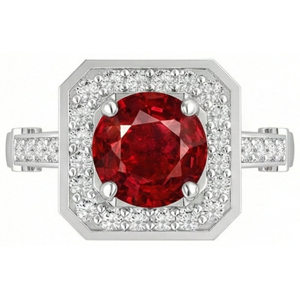3.75 Carats Red Ruby And Natural Earth Mined Diamonds Ring White Gold 14K