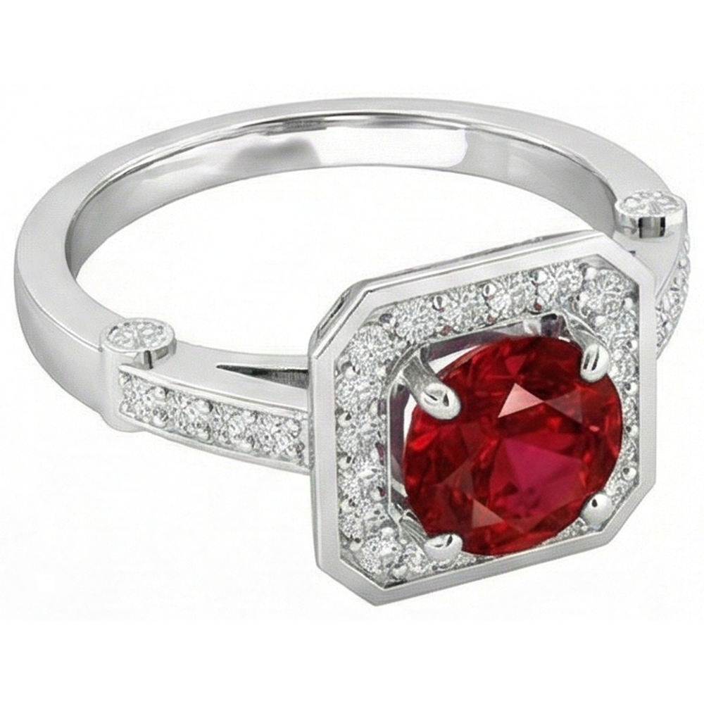 3.75 Carats Red Ruby And Natural Earth Mined Diamonds Ring White Gold 14K