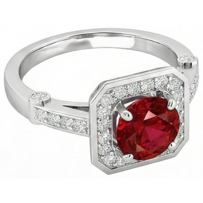 3.75 Carats Red Ruby And Natural Earth Mined Diamonds Ring White Gold 14K