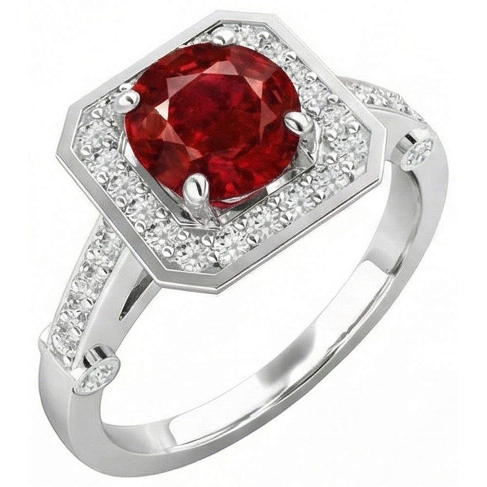 3.75 Carats Red Ruby And Natural Earth Mined Diamonds Ring White Gold 14K
