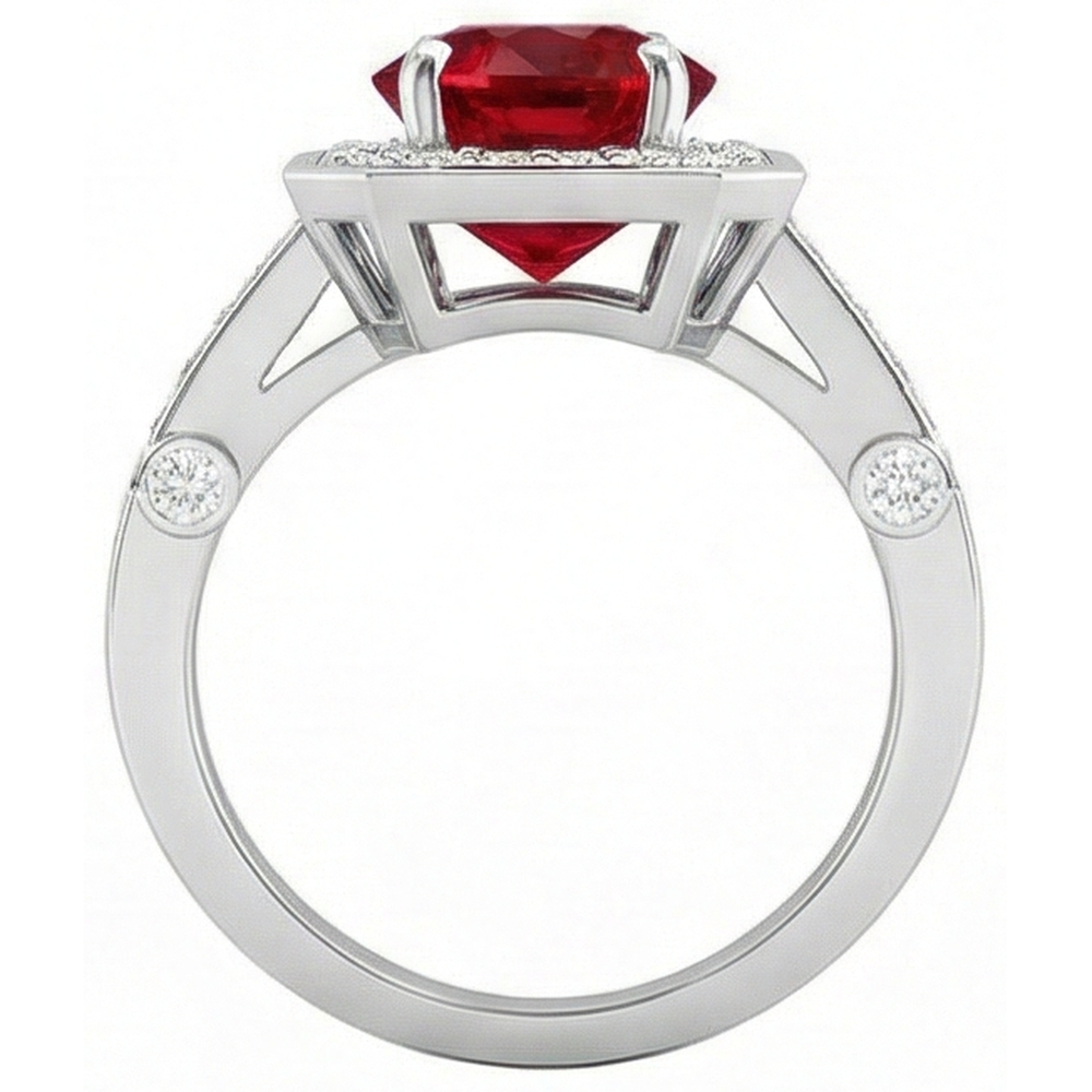 3.75 Carats Red Ruby And Natural Earth Mined Diamonds Ring White Gold 14K