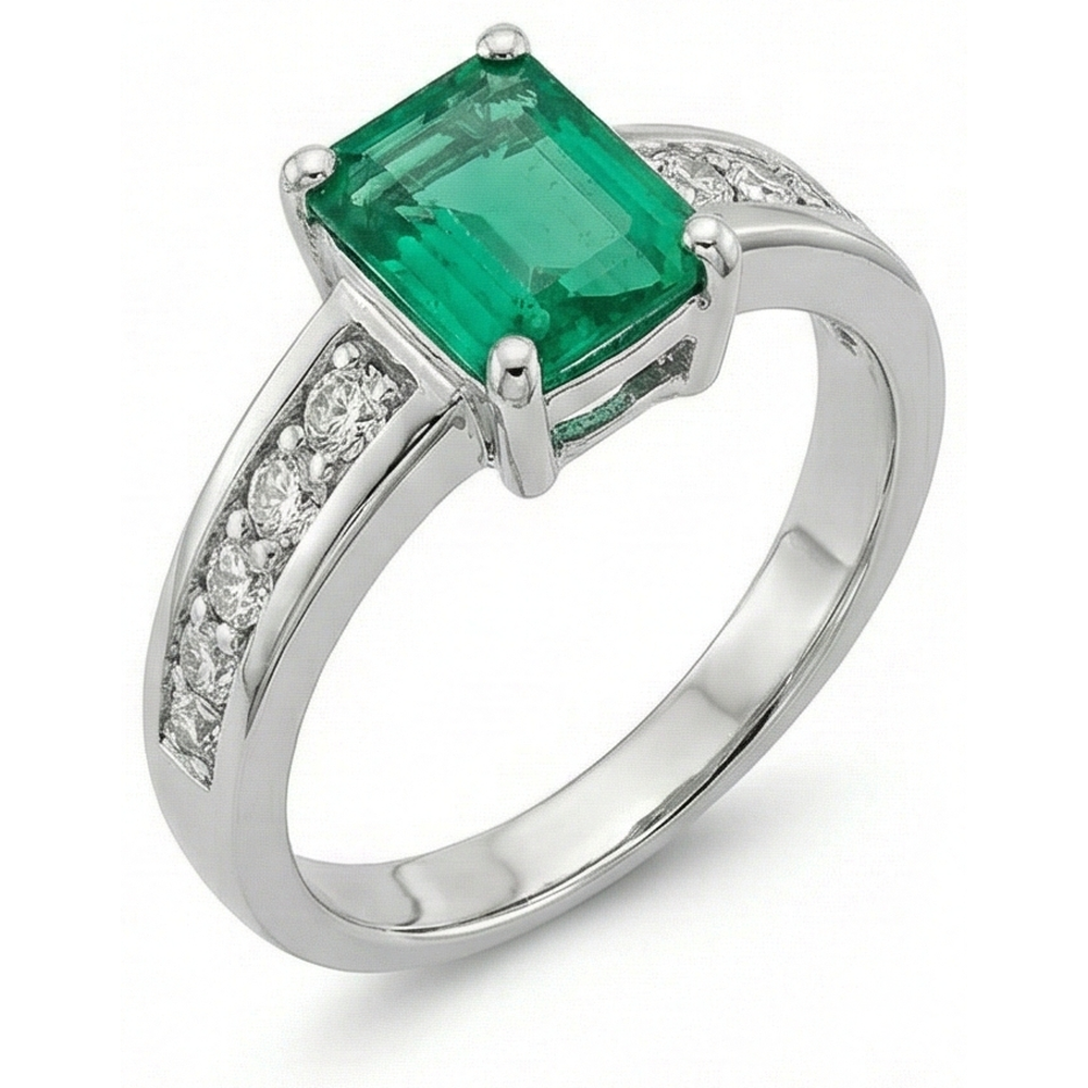 3.75 Ct Green Emerald GIA And Natural Earth Mined Diamond Ring Solitaire With Accents