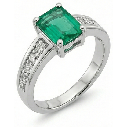 3.75 Ct Green Emerald GIA And Natural Earth Mined Diamond Ring Solitaire With Accents