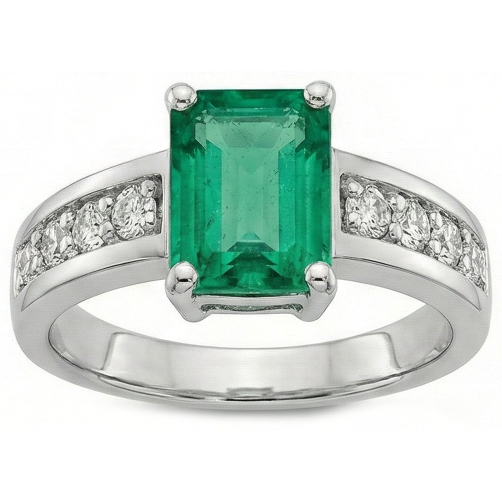 3.75 Ct Green Emerald GIA And Natural Earth Mined Diamond Ring Solitaire With Accents