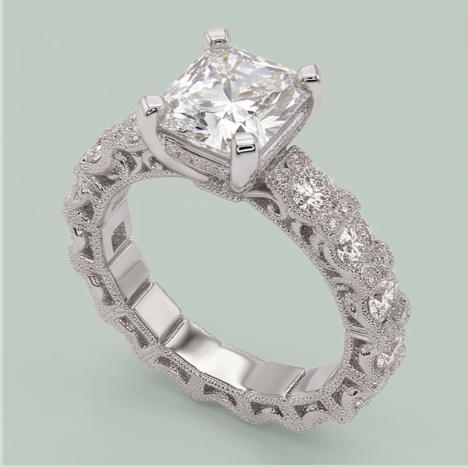 3.75 Ct Radiant & Round Natural Earth Mined Diamonds Ring Wedding Anniversary