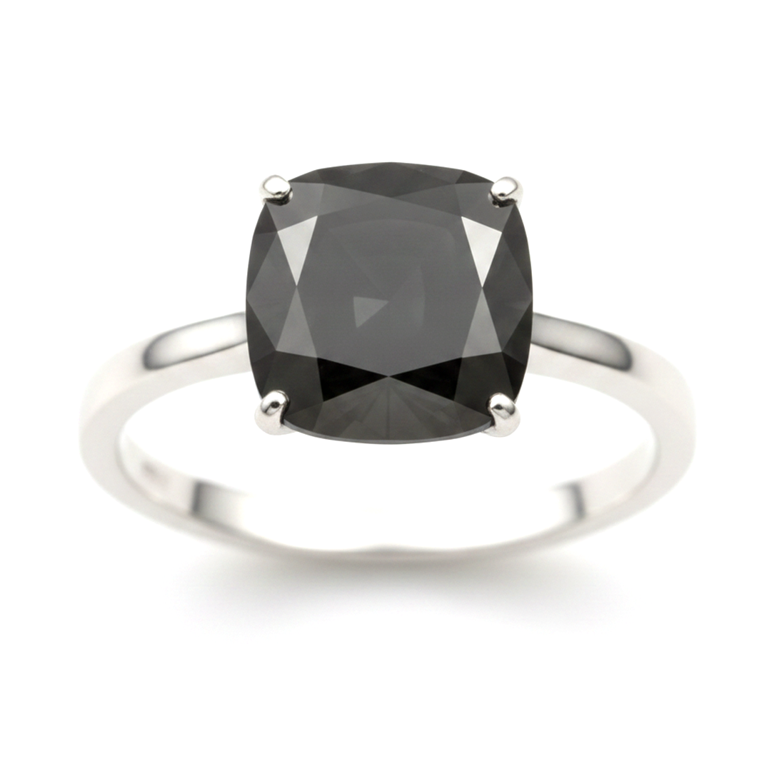 2 Carat Cushion Black Diamond Solitaire Ring Natural 14K White Gold