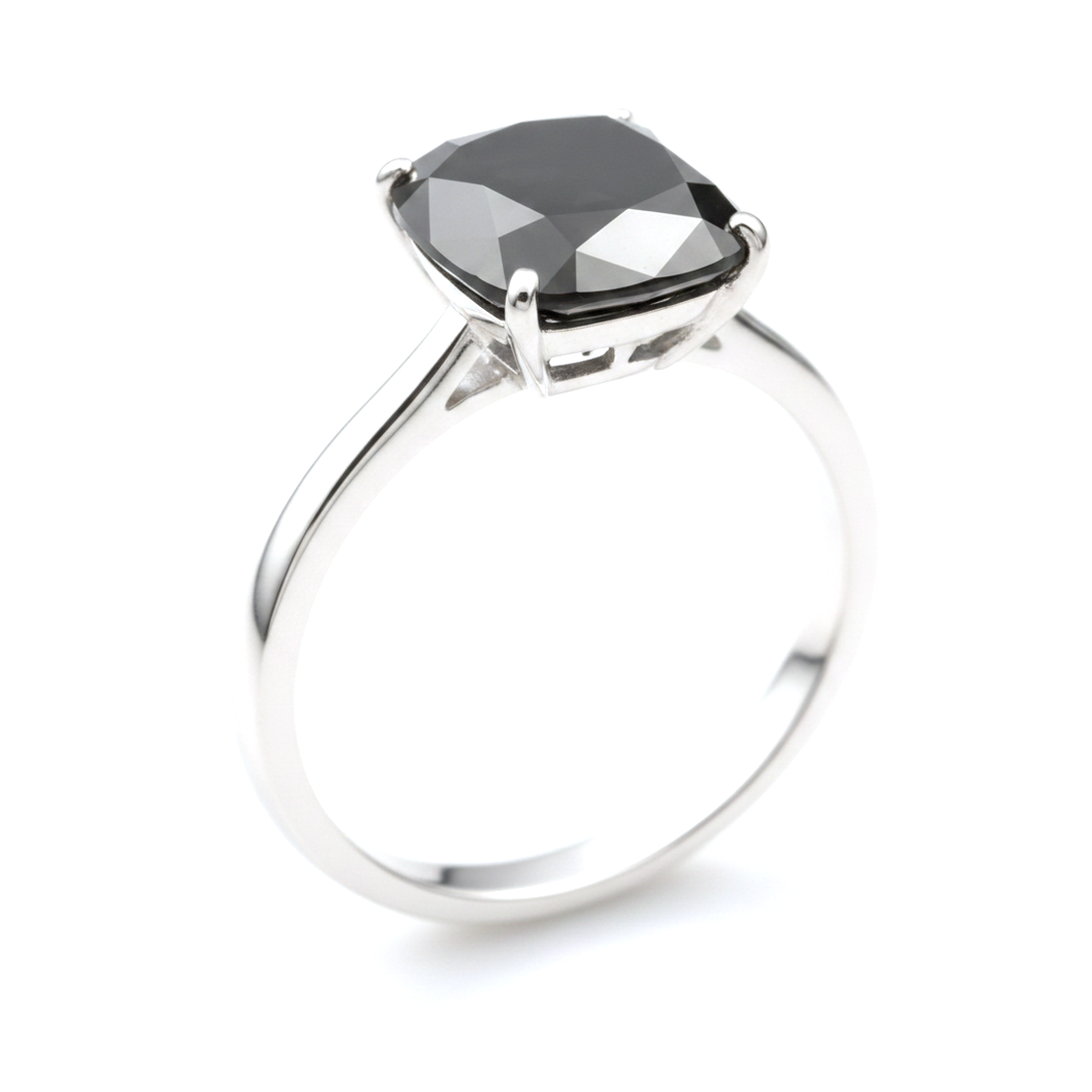 2 Carat Cushion Black Diamond Solitaire Ring Natural 14K White Gold